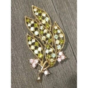 R J Graziano Green Pink Rhinestone Leaf Spray Gold Tone Vintage Brooch